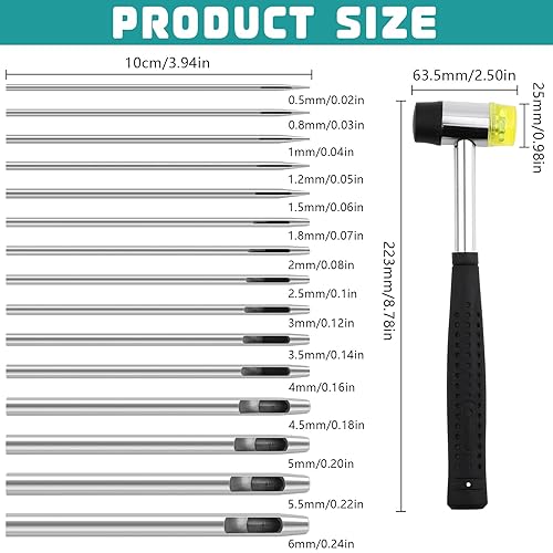 NINGYER Set di 15 ferri forati, in pelle, da 0,5 mm fino a 6 mm, in acciaio rotondo, con 1 martello di gomma, adatto per pelle, cinturino per orologi, guarnizioni, tessuto (15 misure) - Honorern