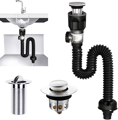 Kit di Scarico Lavandino Bagno, Piletta Lavabo Bagno, Tubo Scarico Lavandino, Allungabile da 300-955 mm (Nero) - Honorern