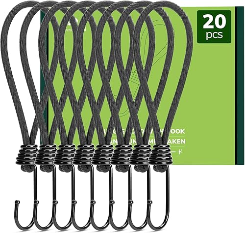 Corde Elastiche con Gancio 15 cm x 20 Pcs Corda Elastica per Teloni Elastici con Ganci per Teloni, Tende da Esterno, Campeggio - Nero - Honorern