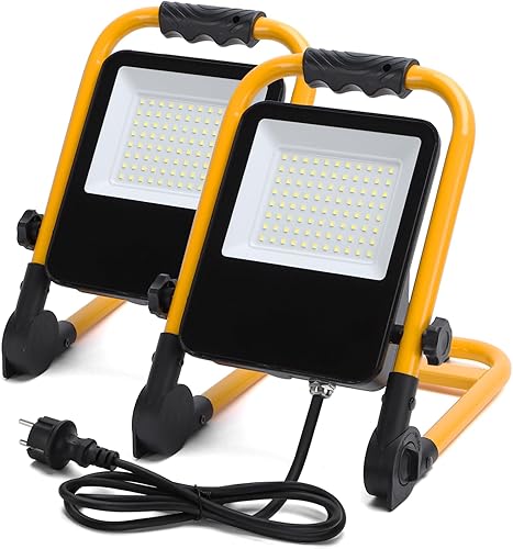 Aigostar Faro da Cantiere 50W, IP65 Impermeabile, Faretto Led da Cantiere con Spina, 6500K Bianco Brillante per Esterno, Lavori, Giardini e Garage, Rotazione 360°, portatile 2 pcs - Honorern