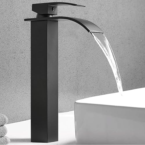 Rubinetto per bagno nero, a cascata, miscelatore monocomando per lavabo, rettangolare, per bagno con acqua calda e fredda (nero alto) - Honorern
