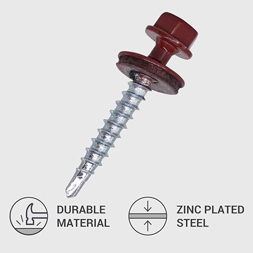 Confezione da 50 viti per coperture in metallo, viti autoperforanti verniciate da 4,8 x 35 mm, con rondelle EPDM, vite esagonale per lamiera (50, rosso ossido RAL 3009) - Honorern