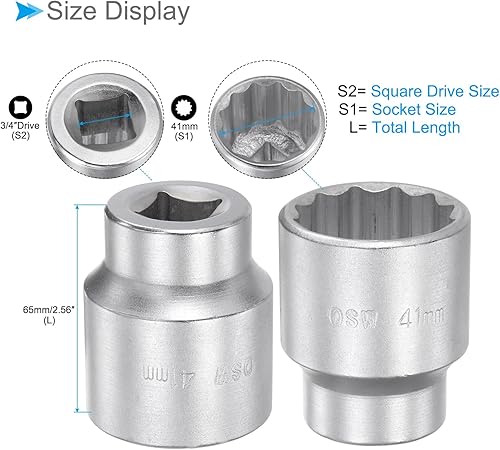 Punta Impatto 12 Punti, Attacco Quadrato 3/4 Pollici, Presa 41mm, Bussola Standard Impatto Angoli Arrotondati Acciaio 45# - (Applicazione: Riparazioni Generali) - Honorern