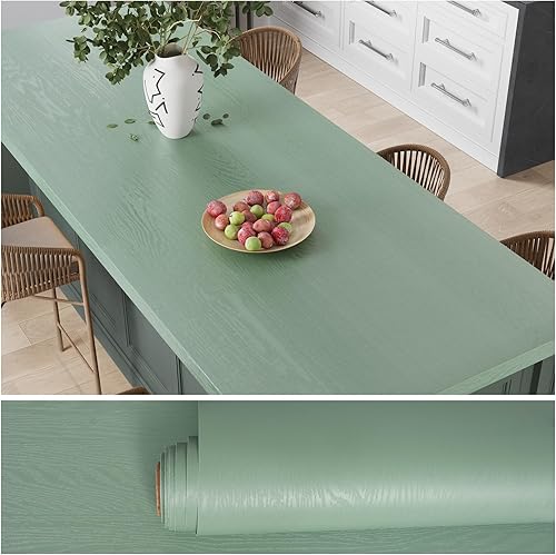 VEELIKE Carta da Parati Effetto Legno Verde Fumo Carta Adesiva per Mobili Legno Pellicola Adesiva Legno Verde Salvia per Armadi da Cucina Impermeabile Camera da Letto Armadi Scrivania 40cm×300cm - Honorern