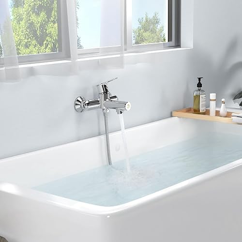 Rubinetto per vasca da bagno, Rubinetto per vasca da bagno con interruttore a pressione, Rubinetto in ottone per il montaggio a parete, Miscelatore monocomando cromato per doccia per bagno - Honorern