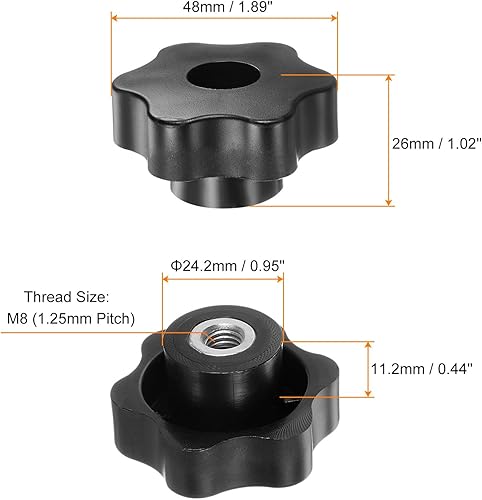 4pz Pomelli a Stella M8 con Filettatura Femmina, Testa da 48mm, Plastica con Foro Passante, Vite in Ottone, Manopole a Compressione Filettate, Nero - Honorern