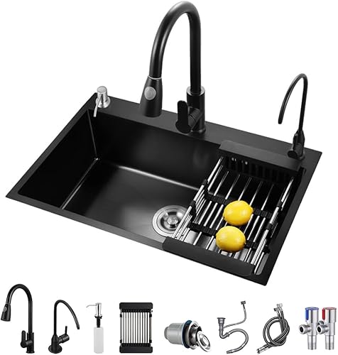 Lavandino da cucina nero in acciaio inox, 1 vasca, con accessori scorrevoli, con diversi accessori (80 x 45 cm) - Honorern