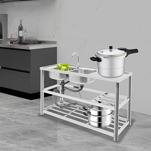 Lavello da cucina autoportante, in acciaio inox commerciale con 2 vasche da lavoro, rubinetto e scarico, doppio lavello per interni esterni, 120 x 45 x 80 cm - Honorern
