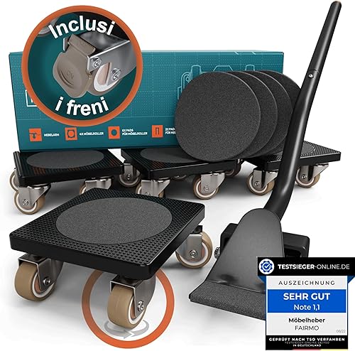 L'innovativo sollevatore mobili di FAIRMO (Con freni) - 4 ruote per mobili e 1 sollevatore mobili (incl. cuscinetti antiscivolo) - Ruote rivestite in TPE - Set con ruote per spostare mobili - Honorern