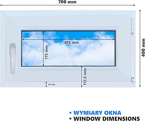 LORAC | Finestra in PVC bianca 700x400 mm, DIN destra, ribaltabile e a sporgere, vetro doppio, a risparmio energetico – Finestra con certificazione CE per cantina e abitazione - Honorern
