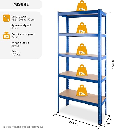 Scaffale in Metallo a 5 Ripiani, Scaffale Salvaspazio, Scaffale Metallo Garage Regolabile, Trasformabile, Ideale per Magazzino, Ripostiglio, Ufficio, Capacità di Carico 350 kg - Blu - Honorern