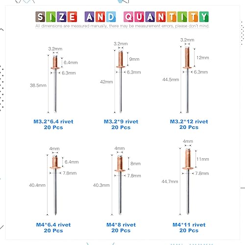 Set di 120 rivetti a scatto in rame rosso, 6 misure, per lamiera, automobili, ferroviari e mobili - Honorern