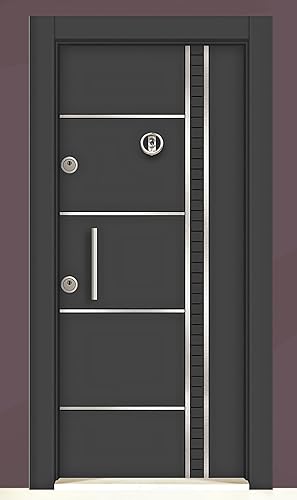 Porta Blindata Laminata d’Ingresso Design Moderno con Spioncino 2 Serrature Maniglia Passiva Portone Nero con Dettagli Alluminio PL52 (Interna sinistra) - Honorern