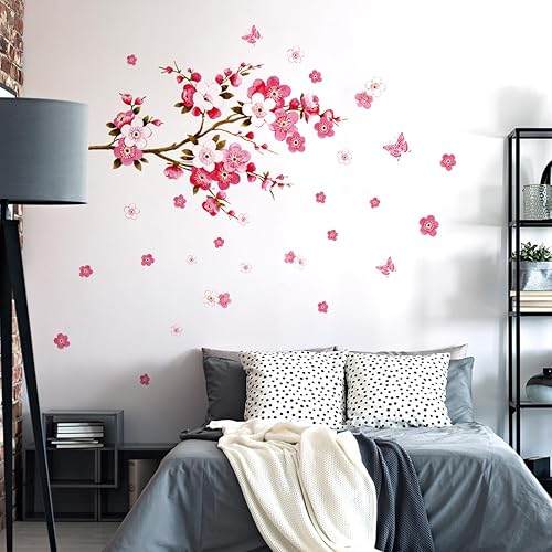 Adesivo da parete con fiori di ciliegio rosso (107 x 64 cm), motivo: fiori di ciliegio, ramo, sakura, adesivo da parete per soggiorno, camera da letto, cucina, bagno, corridoio, - Honorern