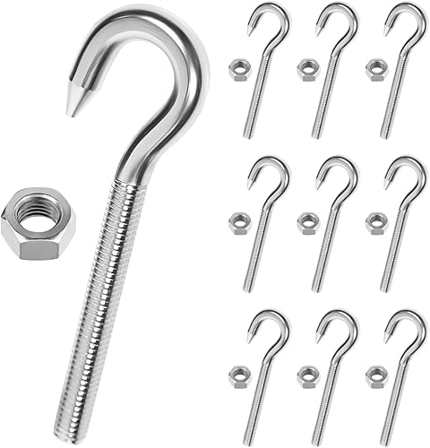 10 Pezzi M6 Ganci a Vite, 304 Ganci Avvitabili in Acciaio Inox, Ganci per Impieghi Pesanti per Appendere Oggetti Gancio da Soffitto o Parete, Ganci Inox Vite per Amache, Tende da Sole e Sedie Sospese - Honorern