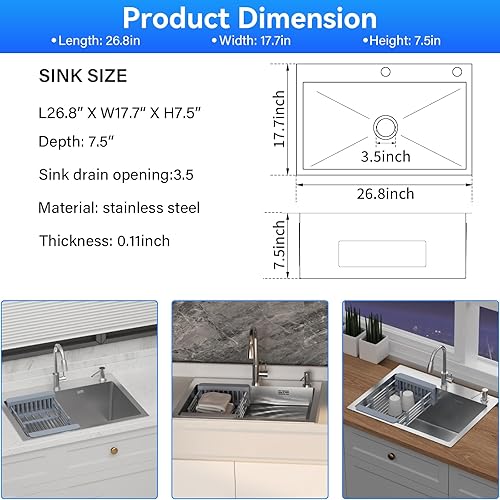 Lavandino Cucina,Lavello cucina in acciaio inox 68x45cm,da incasso e sottotop con filtro a cestello,sifone e Set di Drenaggio - Honorern