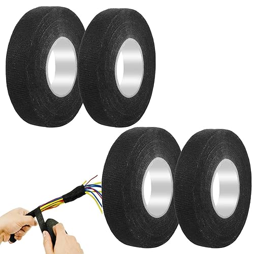Nastro in Tessuto Nero 4 pezzi, Nastro Adesivo Nastro Isolante Nero 2 Misure, Nastro Tessile Autoadesivo, Nastro in Industriale per Cablaggio Auto, Moto (19mm x 15m/15mm x 15m) - Honorern