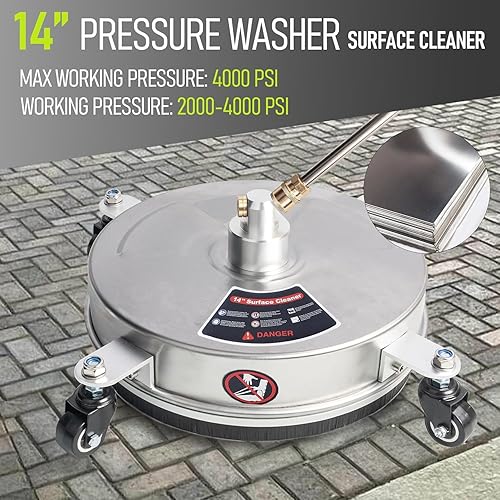 Hanured® 14' Idropulitrice per superfici, Pulitore per superfici in acciaio inox con 4 ruote, 2 prolunghe, per cemento, patio, terrazza, Connettore rapido da 1/4”, 4000 PSI - Honorern