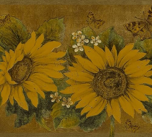 Dundee Deco DDAZBD9004 - Bordo adesivo per carta da parati, motivo floreale, giallo, senape, girasoli, farfalle, design retrò, 4,57 m x 17,78 cm, autoadesivo - Honorern