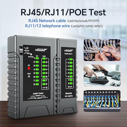 NOYAFA Tester di rete, RJ45, tester per cavi di rete QC LAN per RJ45, RJ11, RJ12, tester di continuità del cavo Ethernet, CAT3 CAT5 CAT6, tester per cavi POE - Honorern