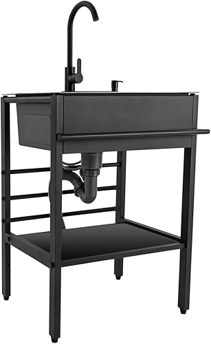 Lavello Cucina Nero con 1 vasca,Lavandino in Acciaio Inox con Scolapiatti,Lavabo con Rubinetto, Autoportante,Lavatoio da Giardino Campeggio,per Interni Esterni(50×40×86cm) - Honorern