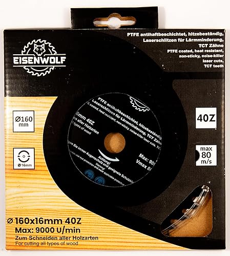 Eisenwolf Lama per sega circolare da 160 x 16 mm, per legno con 40 denti TCT inclinati, rivestimento antiaderente PTFE e taglio laser per ridurre il rumore - Honorern