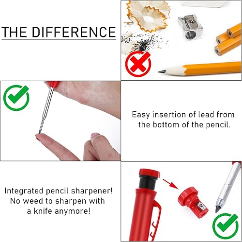 CobeeSet di matite meccaniche da carpentiere con mine per pennarelli e punzone centrale automatico, matite solide da carpentiere con foro profondo e temperino incorporato, naso lungo per disegnare - Honorern