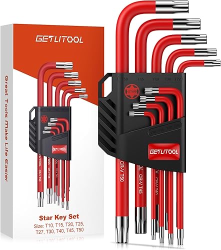 GETLITOOL Set 9PZ Chiavi Esagonali con Testa Stella T10-T50 9 Pezzi Chiave a Brugola Torx Braccio Lungo 9-16CM in Acciaio per Riparazione Bici Elettrodomestici - Rosso - Honorern