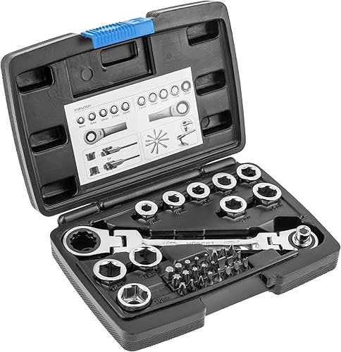 Högert Technik - Set di attrezzi - Chiave a cricchetto con giunto e chiave a bussola - Set di chiavi a cricchetto esagonali, adattatore per punte di cacciavite, punte per cacciavite - 36 pezzi - Honorern