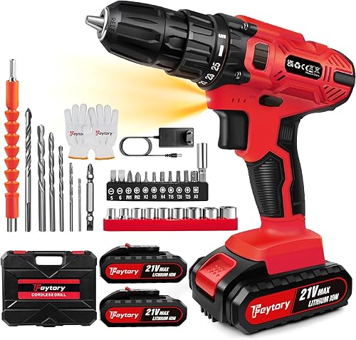 Trapano Avvitatore 21 V, 2 Batterie 1500 mAh, 25+1 Coppia, 45 N.m Max, 29 Punte, 2 Velocità, Luce LED per Casa e Giardino, Fai da Te Progetto - Honorern