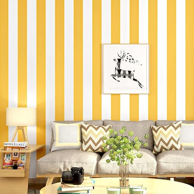 Carta da parati in PVC Moderno Minimalista Carta Da Parati Verticale A Righe Per Camera Da Letto, Sala Da Pranzo, Bar, Sfondi TV. Giallo E Bianco Wallpaper - Honorern