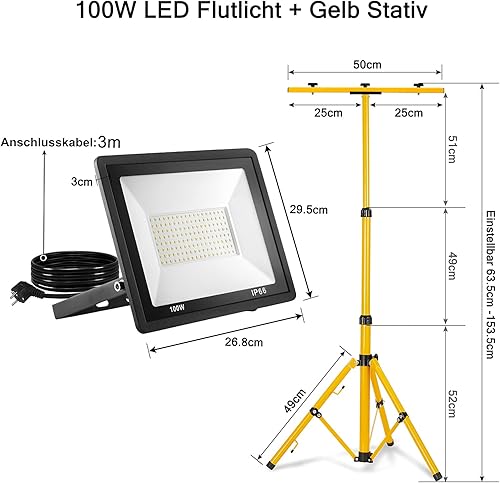 Faretto LED da costruzione, 2 x 100 W, con treppiede, doppio faretto bianco freddo, con cavo 3 m, luce da lavoro, impermeabile, IP66, per garage, giardino, cantieri - Honorern