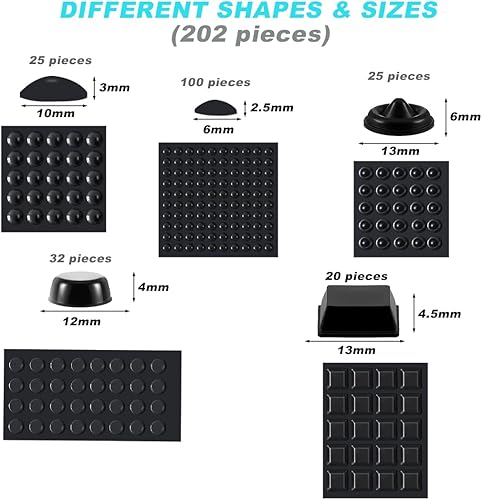 Confezione da 202 cuscinetti adesivi trasparenti, rotondi sferici quadrati, neri, autoadesivi per smorzamento del suono in gomma trasparente, per ante di armadi, piani in vetro, cornici per quadri - Honorern