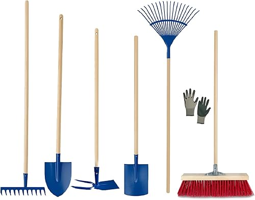 Set Completo Da Giardinaggio 7 Pezzi – Scopa Industriale, Guanti, Rastrello Foglie, Vanghetta, Zappino, Rastrello 12 Denti, Badile a Punta | Attrezzi Resistenti per Orto, Giardino - Honorern