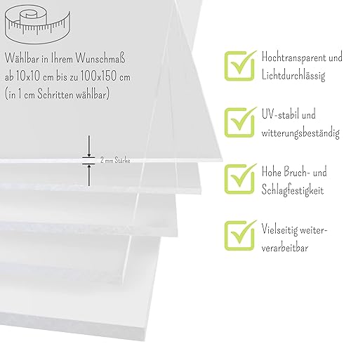 Pannello in vetro acrilico, 12 x 80 cm, taglio su misura, spessore 2 mm, resistente al burch, resistente ai raggi UV, vetro acrilico su entrambi i lati con pellicola protettiva - Honorern