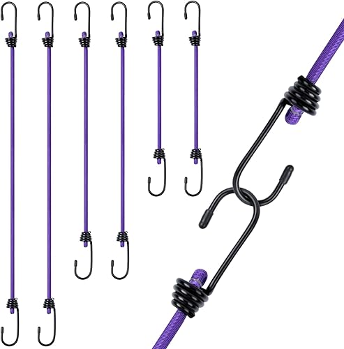 6 Pezzi Corde Elastiche con Gancio, Corda Elastica in 4 Lunghezze: 30cm, 50cm, 80cm, Cinghie Elastiche con Ganci per Teloni, Portapacchi, Auto e Bici - Viola - Honorern