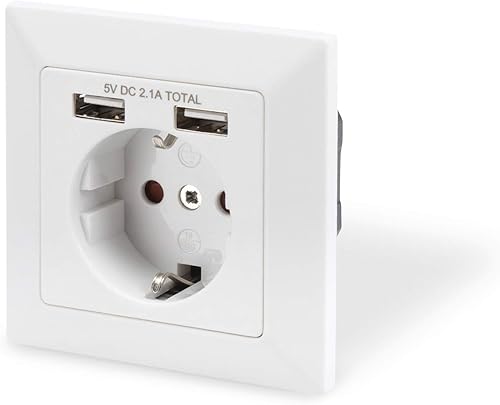 DIGITUS - Presa con contatto di protezione, 2 USB, USB Ges. Potenza 5 V 2,1 A, ingresso: AC 250 V 50 Hz, RAL 9003 bianco., (DA-70613) - Honorern