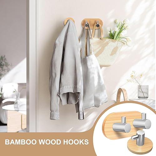 Ganci Portasciugamani Adesivi in Bambù e Acciaio Inox, Ganci per Asciugamani Autoadesivi, Gancio Accappatoio Parete per Soggiorno, Cucina, Bagno, Camera da Letto 2 PCS (S+M) - Honorern