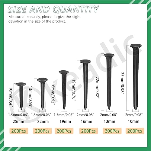 Keadic 1200 pezzi 10/13/16/19/22/25 mm nero scarpe chiodi kit assortimento, chiodi antiscivolo in acciaio al carbonio puntine di ricambio per stivali, pelle, tacchi, suole, scarpe riparazioni - Honorern