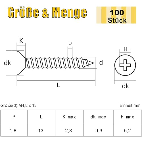 100 viti da 4,8 x 16 mm, viti per legno, viti in acciaio inox, viti a croce, in acciaio inox A2V2, filettatura completa - Honorern
