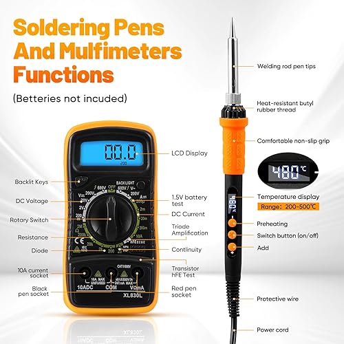 Saldatore a Stagno Kit, 90W LCD temperatura regolabile 200-500°C Saldatore Kit, Saldatore Elettrico Pro con 5 Punte di Saldatura, Pompa Dissaldante, multimetro digitale per Piccole Riparazioni - Honorern
