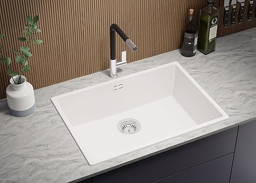 Lavello da Cucina Bianco 66x47cm, Lavandino da Cucina a 1 vasca + Sifone Classico, Lavabo da Cucina Incasso al mobile 70cm - London Slim di Primagran - Honorern