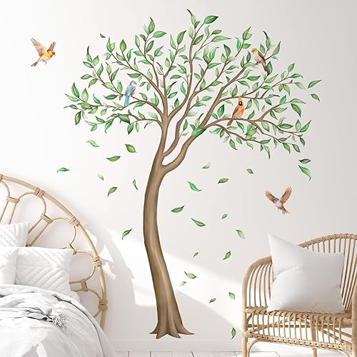 Adesivi Murali Grande Albero Cerde Adesivi da Parete Foglie Vibranti Uccelli Adesivo Muro Decorativo per Soggiorno Camera Letto Corridoio Divano TV Sfondo Muro (W146 * H166 cm) - Honorern