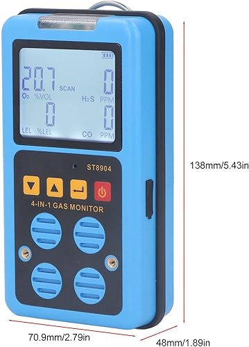 Rilevatore Gas 4 in 1 Portatile, Monitor Multigas CO H2S O2 CH4, Alta Sensibilità con Display Retroilluminato, Allarme Sonoro/Vibrazione/Luce, Ricaricabile USB per Industria e Laboratorio - Honorern