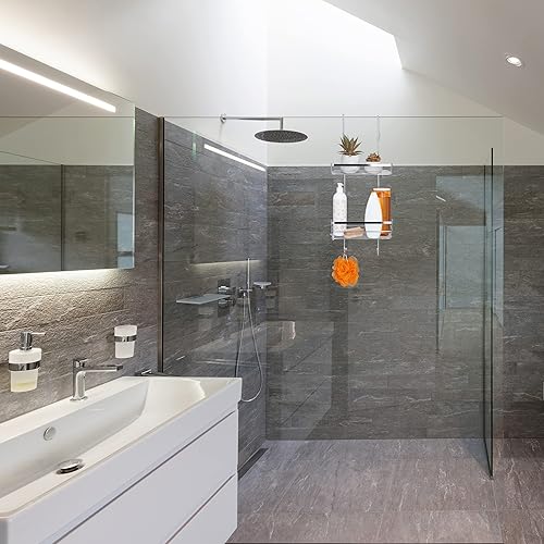 Relaxdays Mensola Portaoggetti da Doccia, Ferro Cromato, HLP 60x25,5x22,5 cm, Appendere, 4 Ganci e 2 Ripiani, Argentato - Honorern