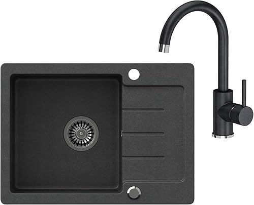 Lavello singolo da incasso, da 60 x 44 cm, in granito composito puntiforme, reversibile, con sifone, Nero - Honorern