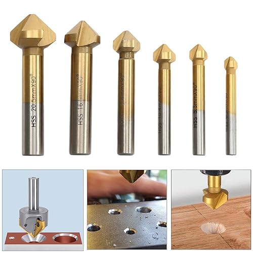 90°Gradi HSS Countersink drill Svasatori Punte da Trapano Placcatura in Titanio Set di 6 pezzi di 6.3mm 8.3mm 10.4mm 12.4mm 16.5mm 20.5mm per Legno Metallo Alluminio Drill Bits Titanio Rivestito - Honorern