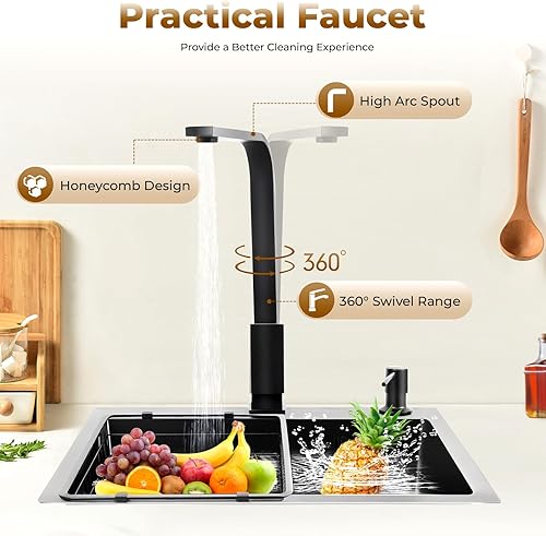 Lavello da cucina, nero, 45 x 40 cm, 1 vasca, in acciaio inox, rettangolare, moderno, con scolapiatti, rubinetto, dispenser di sapone - Honorern