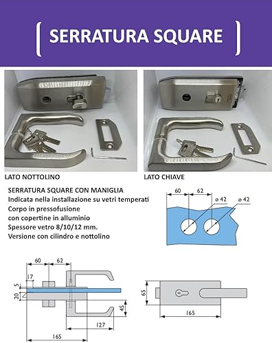 Serratura Square con maniglia per porte in vetro con spessore da 8 a 12 mm con cilindro e nottolino PORTE ITALIANE - Honorern