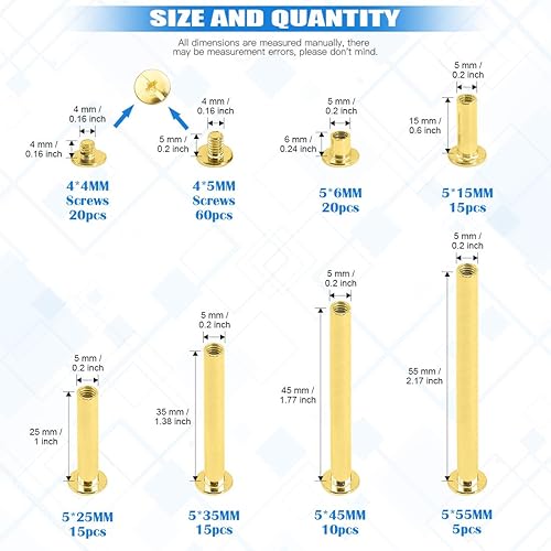Set di 80 Viti Chicago Assortite M5 x 6/15/25/35/45/55, Placcate in Ottone per Rilegatura Libri, Rivetti, Cinture, Album Fotografici - Honorern